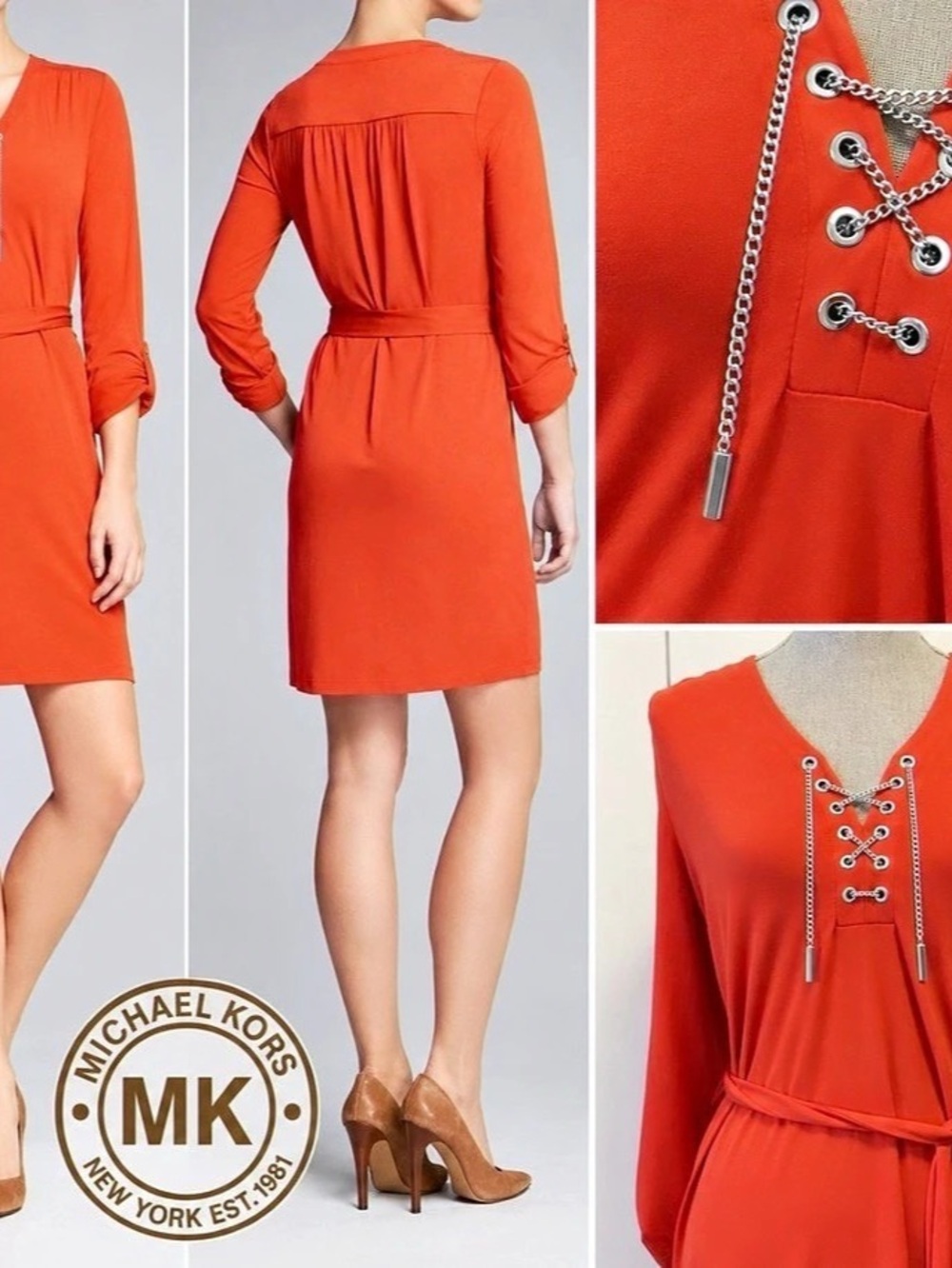 Michael Kors Orange Chain Lace Up V-Neck Size Small